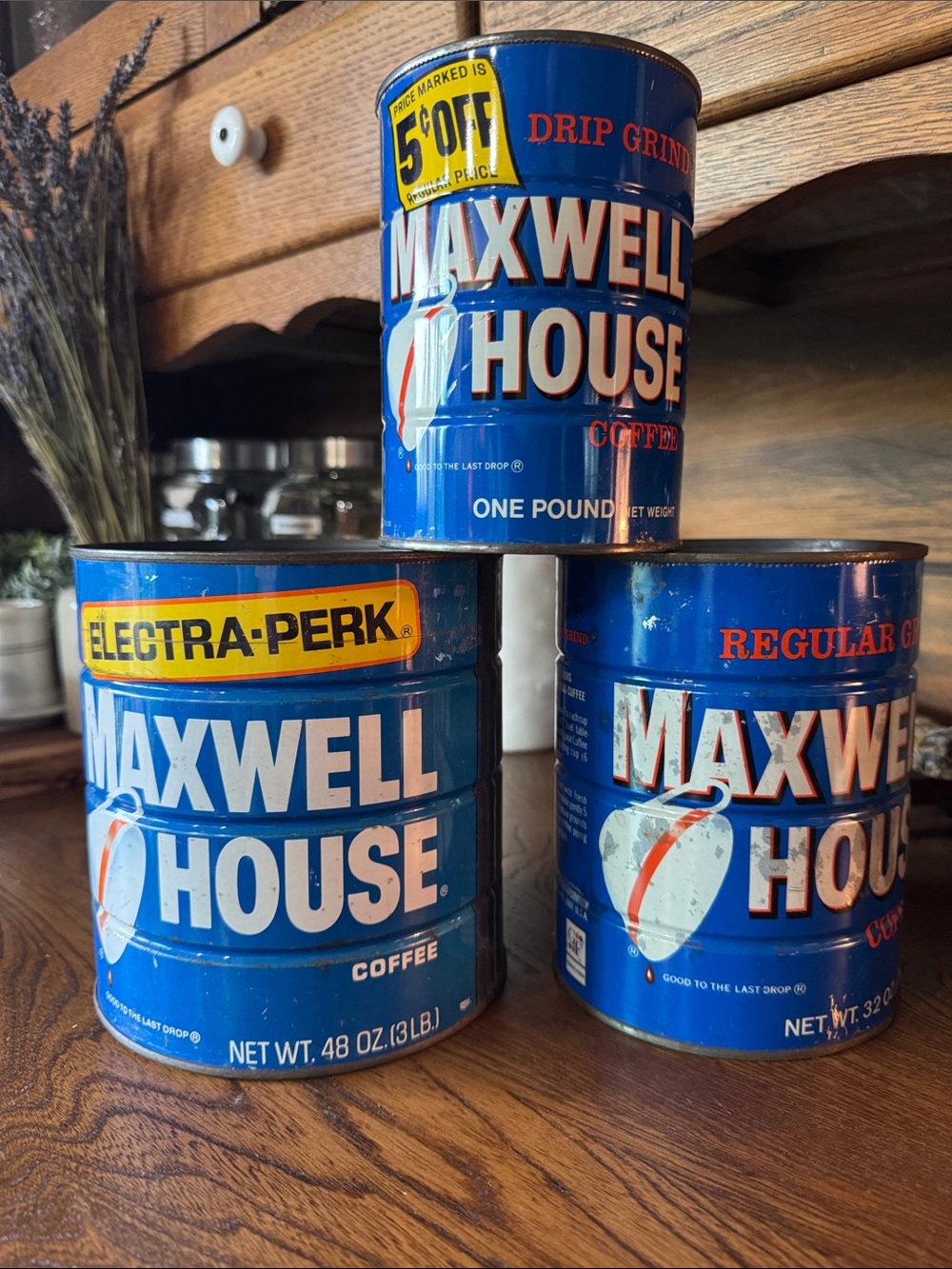 Maxwell House Metal Vintage Blue Coffee Cans - Set of 3 different sizes